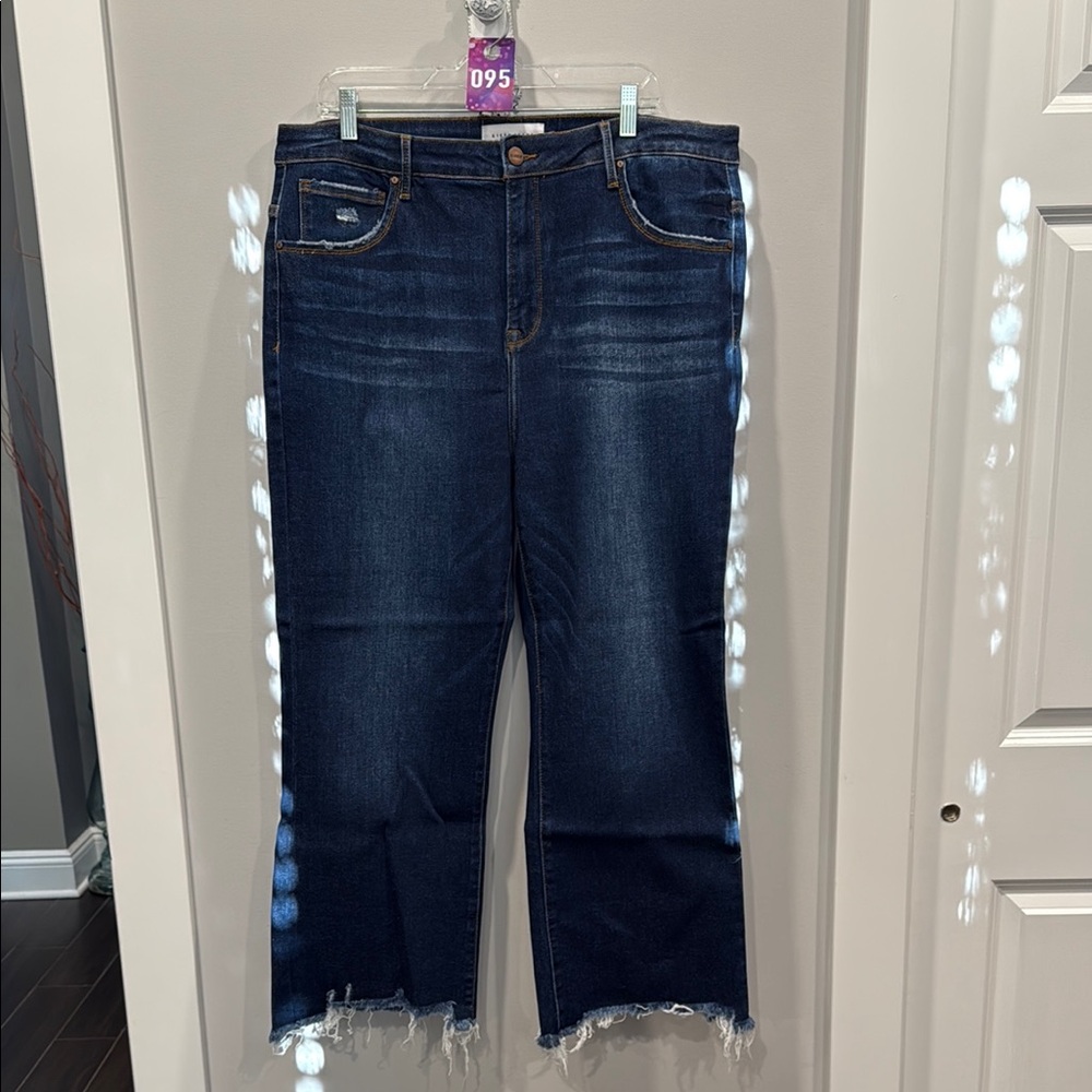 Blue Flare Wide Leg Jeans with Frayed Hem